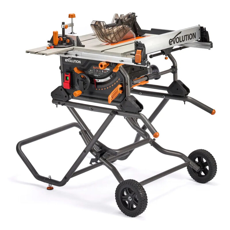 Evolution R10TBLX Jobsite Table Saw with Wheeled Scissor Stand | 10 in. Multi-Material Cutting Blade